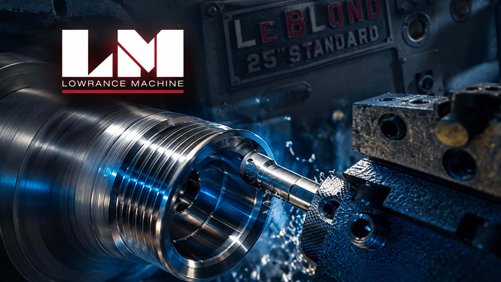 Lowrance Machine logo over a lathe shaping a shiny metal part